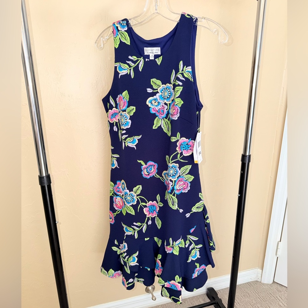 Signature by Robbie Bee Navy Dress with Floral Embroidery